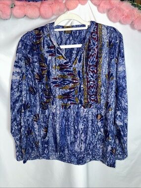 Women's Blue Printed V-Neck Tunic with Multicolor Trim